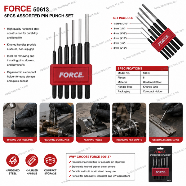 Force 50613 6Pcs Assorted Pin Punch Set | Professional Hardened Steel Punch Tool Kit