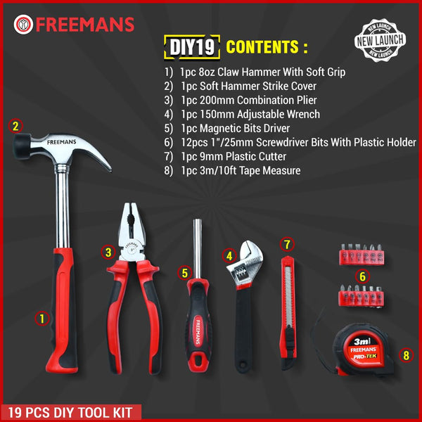 Freemans 19-Piece DIY Hand Tool Kit (DIY19) – All-in-One Home Maintenance Set with Carry Case