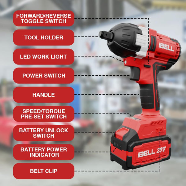 iBELL 20V Cordless Impact Wrench BW20-50 | 1/2 Inch Drive | 500Nm Brushless Motor with Li-Ion Battery