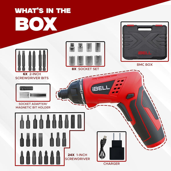 iBELL 3.6V Cordless Screwdriver MS06-16 | 1500mAh Li-Ion Battery | 15+1 Torque Settings with 41 Accessories