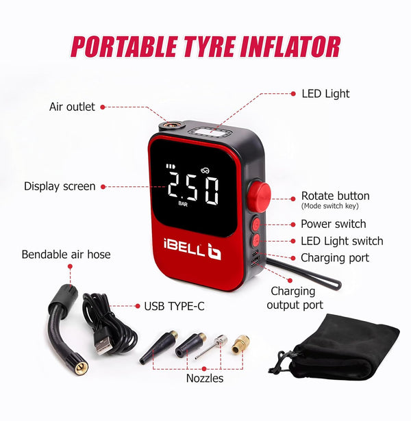 iBELL Portable Battery Tyre Air Inflator PT17-93 | Cordless Digital Air Compressor with LED Light