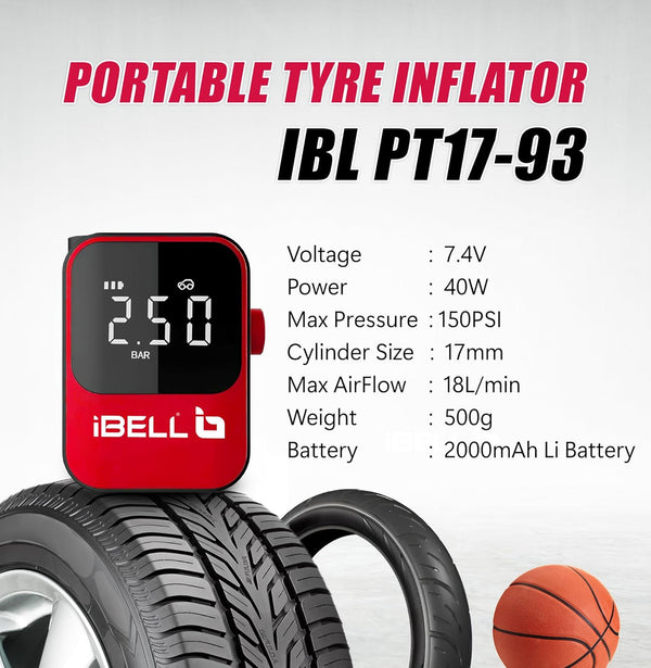 iBELL Portable Battery Tyre Air Inflator PT17-93 | Cordless Digital Air Compressor with LED Light