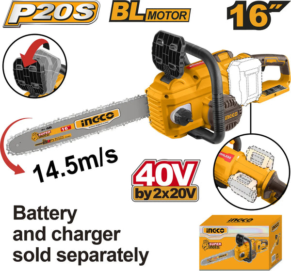 Ingco CGSLI40168, Ingco chain saw, 40V chain saw, Cordless chain saw, 16 inch chain saw, Brushless chain saw, Wood cutting machine, Tree pruning saw, Battery chain saw, P20S chain saw, Garden chain saw, Auto lubrication chain saw, Quick chain brake saw, Ingco cordless tools, Professional chain saw