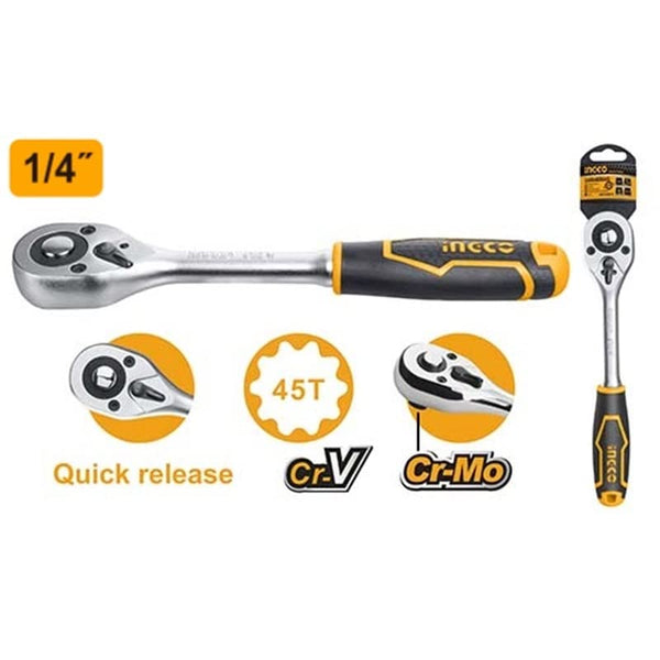 Ingco 1/4 Inch Ratchet Wrench HRTH0814 | 72-Tooth Cr-V & Cr-Mo Socket Ratchet