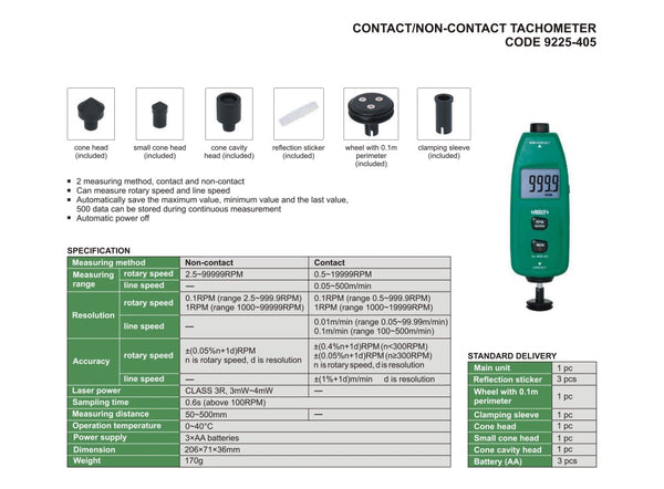 Insize Contact/Non-Contact Tachometer 9225-405 | Digital RPM Meter