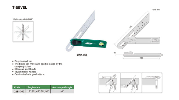 Insize T-Bevel 15°,30°,45°,60°,90° 2281-360 | Precision Angle Measuring Tool