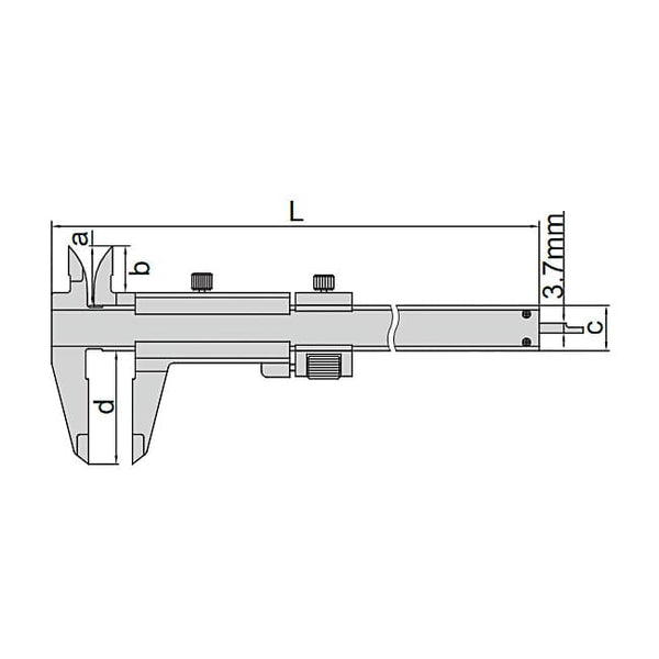Technical drawing of a vernier caliper with labeled measurements on a white background