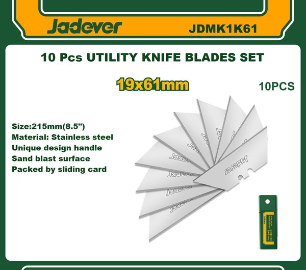 Jadever 10Pcs Utility Knife Blade Set JDMK161 | 61x19mm High Carbon Steel Replacement Blades | Heavy Duty Cutter Blades