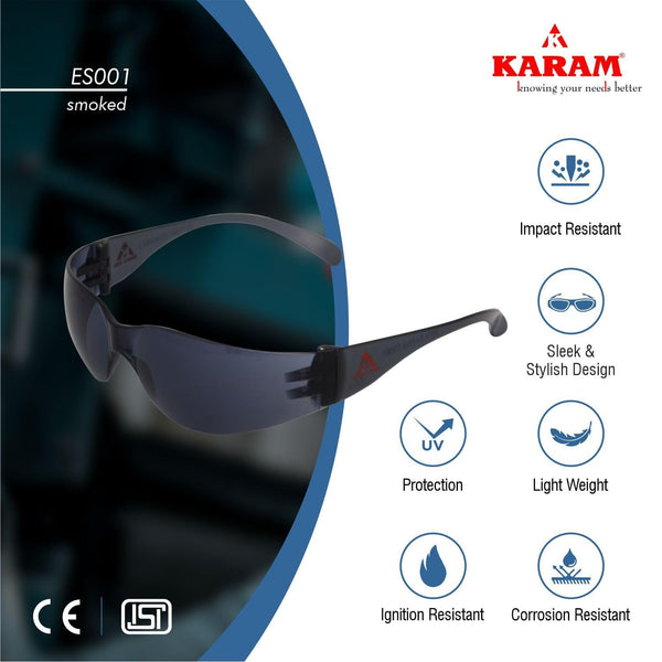 KARAM Safety Goggles ES 001 (Clear/Black) - Lightweight Eye Protection