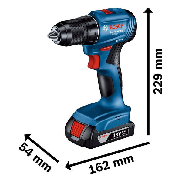 Bosch GSR 185LI 13MM 18V Cordless Drill / Driver Kit with 2 x battery GBA 18V 2.0Ah, Quick charger GAL 18V-40 Professional | 1900RPM