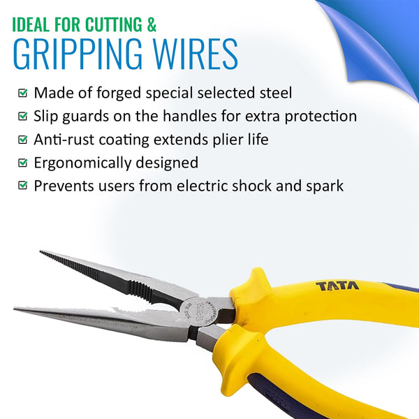 TATA PLN002 Long Nose Plier 8 Inch / 200mm | Heavy Duty Needle Nose Plier