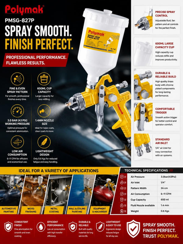Polymak PMSG-827P 600ml HVLP Paint Spray Gun with 43 PSI operating pressure, 24cm spray pattern, and HVLP technology. Ideal for automotive painting, furniture finishing, woodworking, and industrial coating applications.