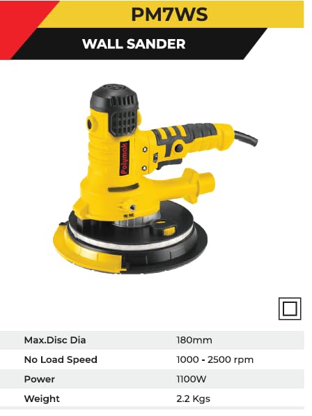 Polymak PM7WS Drywall Sander with LED online at Lion Tools Mart. Features an 850W motor, 180mm sanding disc, variable speed control, integrated LED light, and dust collection system for professional wall and ceiling sanding.