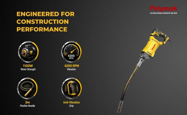 Polymak Concrete Vibrator 1100W 220V PMCV3M With 3 Meter Needle | RCC, Construction & Concrete Compaction Applications