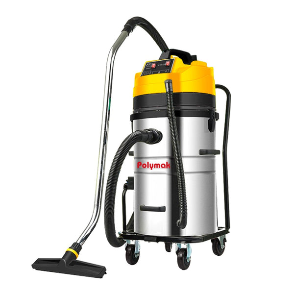 Polymak PMVC70L 70L 3600W Wet & Dry Vacuum Cleaner with a dual-motor system, 26 kPa suction, and stainless steel tank. Ideal for industrial cleaning, workshops, warehouses, commercial facilities, and liquid pickup.