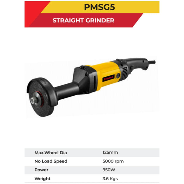 Polymak PMSG5 950W 125mm Straight Grinder with 5,000 RPM, heavy-duty performance, and ergonomic design. Ideal for metal grinding, weld finishing, deburring, fabrication, and industrial surface preparation.