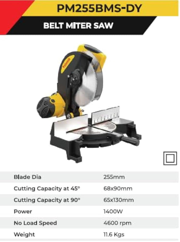 Polymak PM255BMS-DY 1400W 255mm Belt Drive Mitre Saw with 4,600 RPM, precision angle cutting, and smooth belt-driven performance. Ideal for wood cutting, aluminium fabrication, furniture making, and carpentry.
