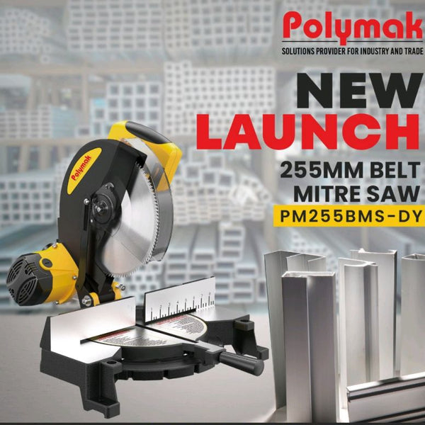 Polymak PM255BMS-DY 1400W 255mm Belt Drive Mitre Saw with 4,600 RPM, precision angle cutting, and smooth belt-driven performance. Ideal for wood cutting, aluminium fabrication, furniture making, and carpentry.