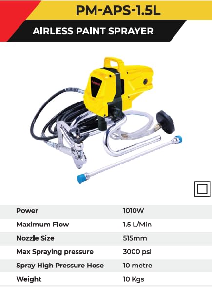 Polymak PM-APS-1.5L 1010W Airless Paint Sprayer with 3000 PSI pressure, 1.5 L/min flow rate, 515 nozzle, and 10m high-pressure hose. Ideal for interior, exterior, industrial, and commercial painting.