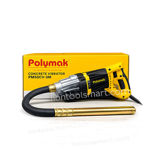 Polymak PM50CV-3M 2200W Concrete Vibrator Machine with 50mm vibrator needle, 3-meter flexible shaft, and 4,800 RPM. Ideal for concrete compaction, foundations, columns, beams, slabs, and construction projects.