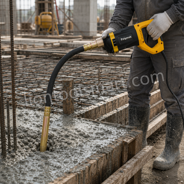 Polymak PM50CV-3M 2200W Concrete Vibrator Machine with 50mm vibrator needle, 3-meter flexible shaft, and 4,800 RPM. Ideal for concrete compaction, foundations, columns, beams, slabs, and construction projects.