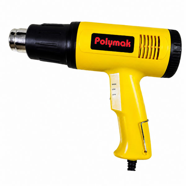 Polymak PMHG1600E 1600W Heat Gun with 220°C–650°C dual temperature settings and 250–500 L/min airflow. Ideal for paint removal, PVC shrinking, plastic welding, heat shrink tubing, and industrial heating applications.