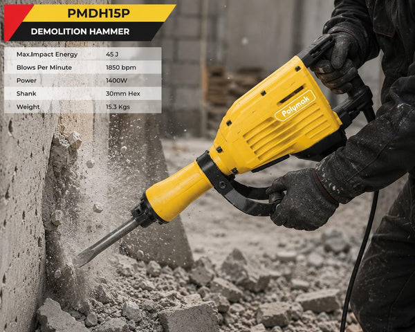 Polymak PMDH15P 15Kg 1400W Demolition Hammer with 45J impact energy, 30mm Hex shank, and up to 1,850 BPM. Ideal for concrete breaking, masonry demolition, road repair, and heavy-duty construction.