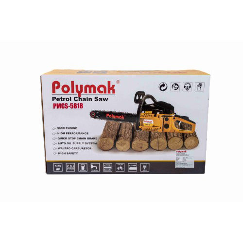 Polymak Petrol Chainsaw 58cc 18 Inch Guide Bar PMCS-5818 For Forestry, Agriculture, Wood Cutting & Landscaping Applications