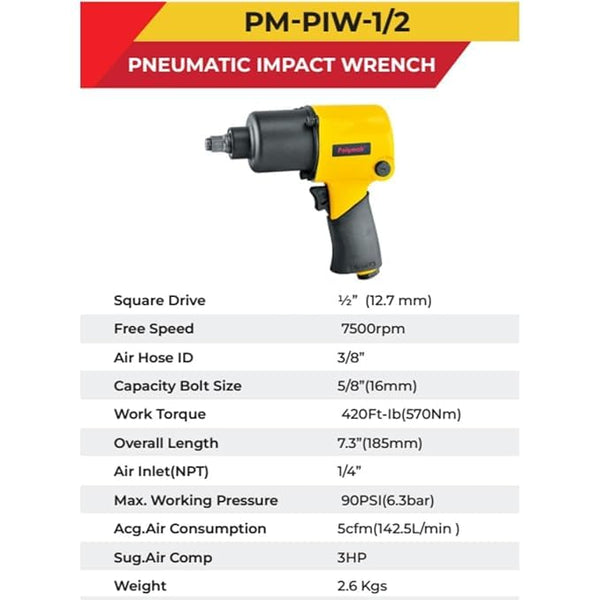 Polymak Pneumatic Impact Wrench 1/2 Inch Square Drive PM-PIW-1/2 | Automotive, Industrial, Construction & Mechanical Applications