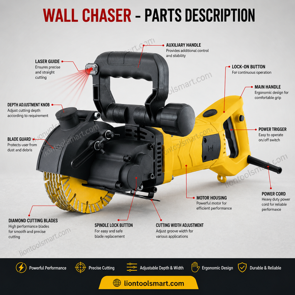 Polymak PM133WC 2700W Wall Chaser with 133mm dual diamond blades, 7,000 RPM, adjustable cutting depth, and dust extraction. Ideal for concrete groove cutting, electrical conduit installation, plumbing, and construction projects.