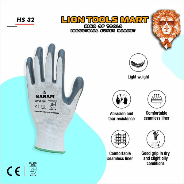 Karam Polyester Liner with Nitrile Coating White Gloves HS32 | Hand Protection