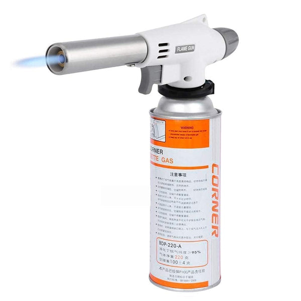 Portable Gas Flame Gun Torch Burner for Kitchen, BBQ, Baking & Camping | Butane Blow Torch with Adjustable Flame Control | Manual Ignition Multipurpose Cooking Torch | White – 1300°C High-Temperature Gas Torch