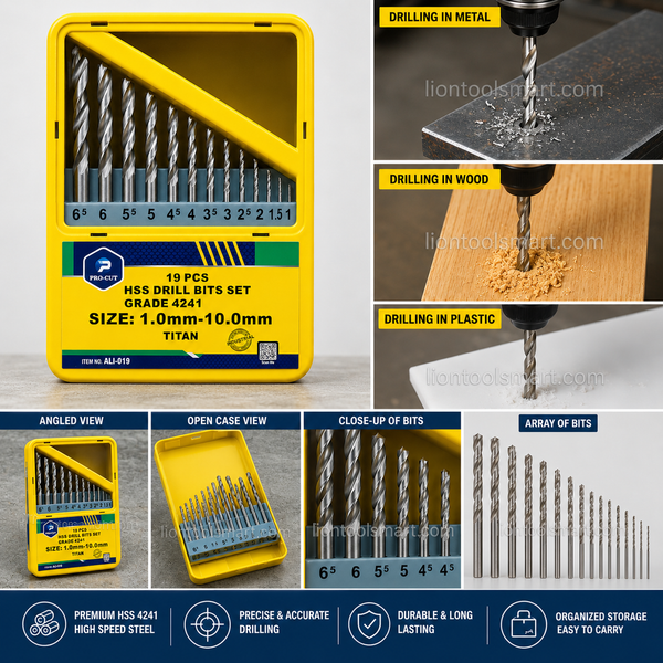 Procut 19Pcs HSS Drill Bit Set 1mm-10mm ALI-019 | High Speed Steel Twist Drill Bit Kit for Metal, Wood & Plastic
