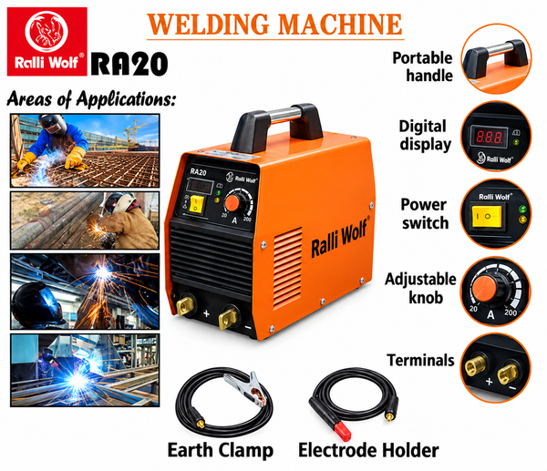 Ralli Wolf RA20 ARC 200 200A MOSFET inverter welding machine with 230V single-phase input for fabrication, workshop welding, and maintenance.