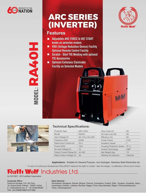 Ralli Wolf RA40H ARC 400H 400A IGBT inverter arc welding machine with 415V three-phase power supply for industrial welding and fabrication.