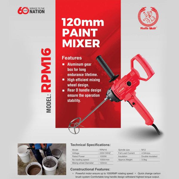 Ralli Wolf RPM16 1000W Paint Mixer with 120mm mixing wheel, 1000 RPM speed and M12 spindle. Ideal for paint, putty, adhesive and construction material mixing.