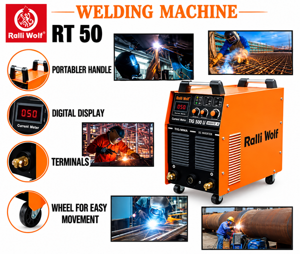 Ralli Wolf RT50 TIG 500IJ 500A heavy-duty DC inverter welding machine with MMA function, high-frequency ignition and 415V three-phase power supply