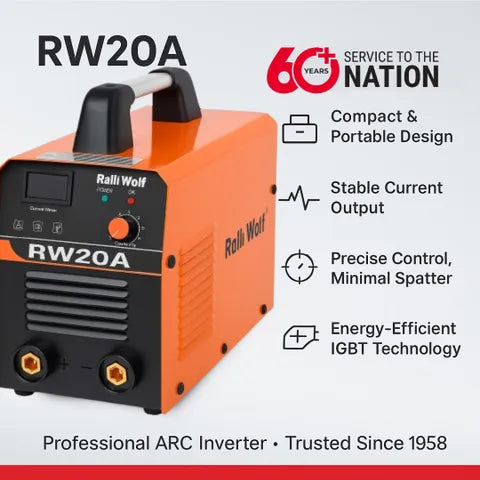 Ralli Wolf RW20A ARC 200 200A IGBT inverter welding machine with adjustable 30–200A welding current, 60% duty cycle and 230V single-phase input.