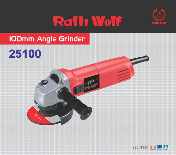 Ralli Wolf 25100 100mm angle grinder with 800W motor, 11000 RPM speed, ergonomic slim body and side switch.