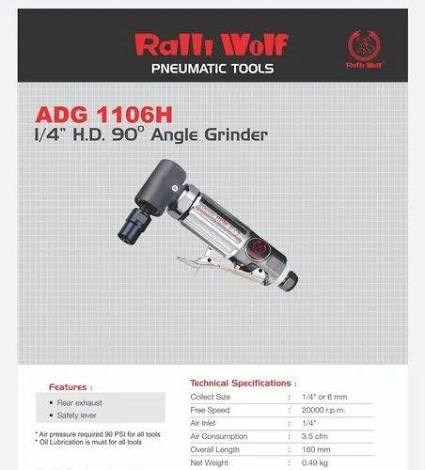 Ralli Wolf ADG1106H Heavy-Duty 90° Pneumatic Angle Die Grinder with 1/4-Inch Size Specification and 20000 RPM Speed