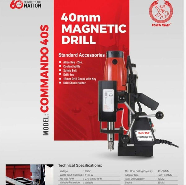 Ralli Wolf COMMANDO 40S 1100W magnetic core drilling machine with 40mm drilling capacity, 50mm cutting depth, six-speed variable operation and 8000N magnetic adhesion.
