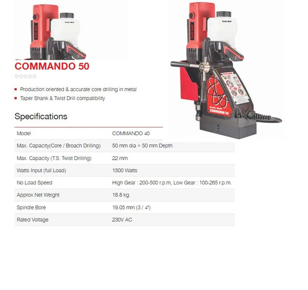 Ralli Wolf Commando 50 Heavy-Duty Magnetic Core Drilling Machine – 1500W, 50mm Core Capacity, 6-Speed Variable & Reversible Operation, MT2 Spindle