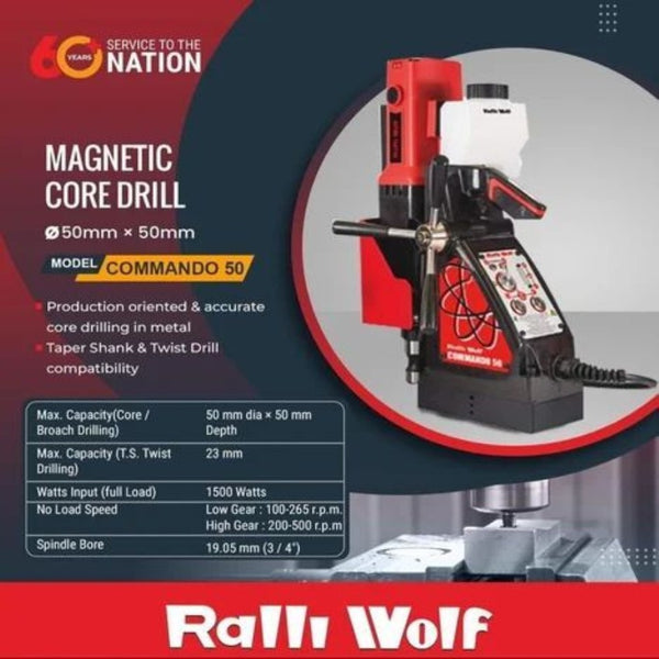 Ralli Wolf Commando 50 Heavy-Duty Magnetic Core Drilling Machine – 1500W, 50mm Core Capacity, 6-Speed Variable & Reversible Operation, MT2 Spindle