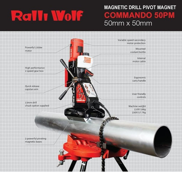 Ralli Wolf Commando 50 Heavy-Duty Magnetic Core Drilling Machine – 1500W, 50mm Core Capacity, 6-Speed Variable & Reversible Operation, MT2 Spindle