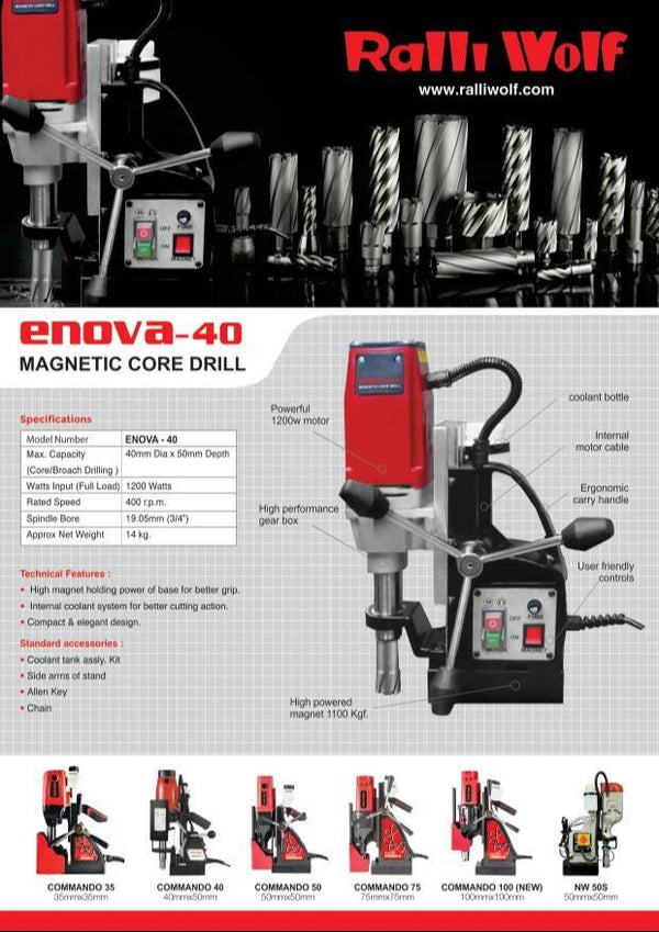 Ralli Wolf ENOVA 40 Heavy-Duty Magnetic Core Drilling Machine – 1200W, 40mm × 50mm Drilling Capacity, 400 RPM, High Magnetic Adhesion