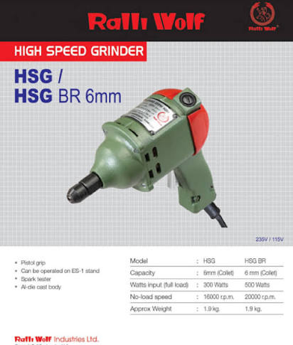 Ralli Wolf HSG BR High Speed Pistol Grip Grinder 500W with 6mm Collet, 20,000 RPM Speed and Aluminium Die-Cast Body for Precision Metal Grinding