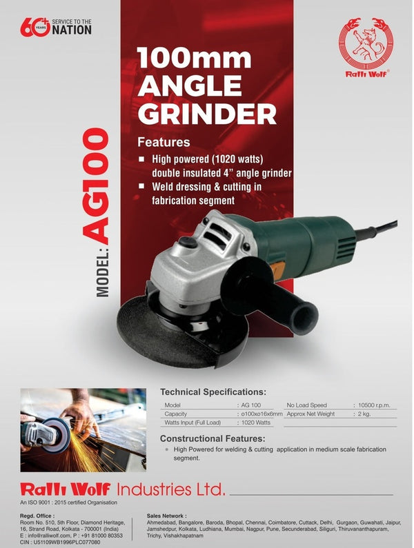 Ralli Wolf Light Duty 4Inch (100mm) Angle Grinder | 800W | Speed 11000 RPM | 2.9 Amps