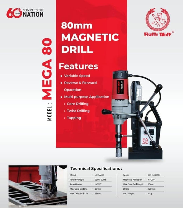Ralli Wolf MEGA 80 1950W Magnetic Core Drill Machine with 80mm Core Drilling Capacity, 16700N Magnetic Adhesion and MT3 Morse Taper