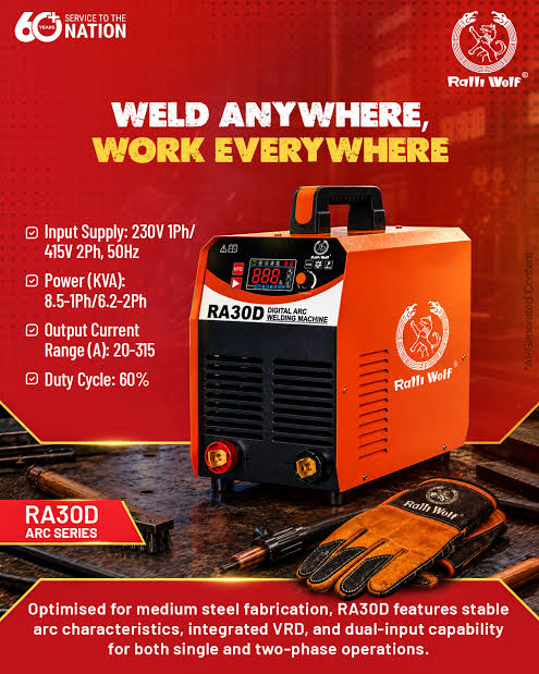 Ralli Wolf RA30D 315A Digital IGBT Inverter ARC Welding Machine, 230V Single Phase and 415V Two Phase with VRD for Industrial Fabrication and Maintenance