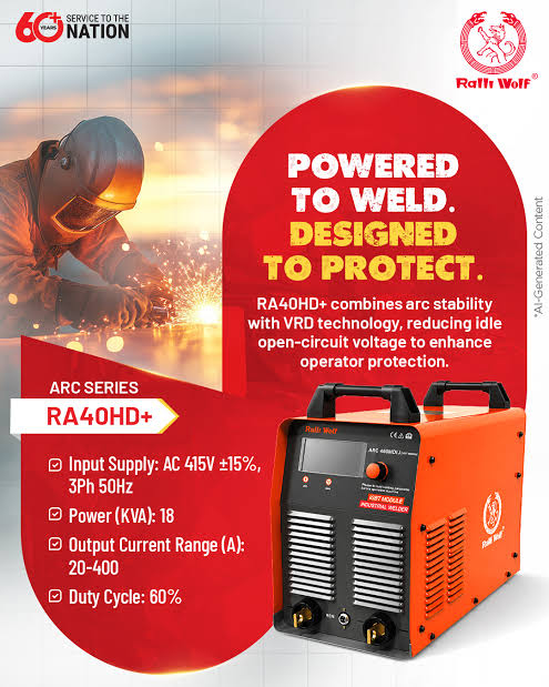 Ralli Wolf RA40HD+ ARC 400HD+ 400A IGBT industrial inverter welding machine with 415V three-phase input, Arc Force, Hot Start, and VRD safety features.